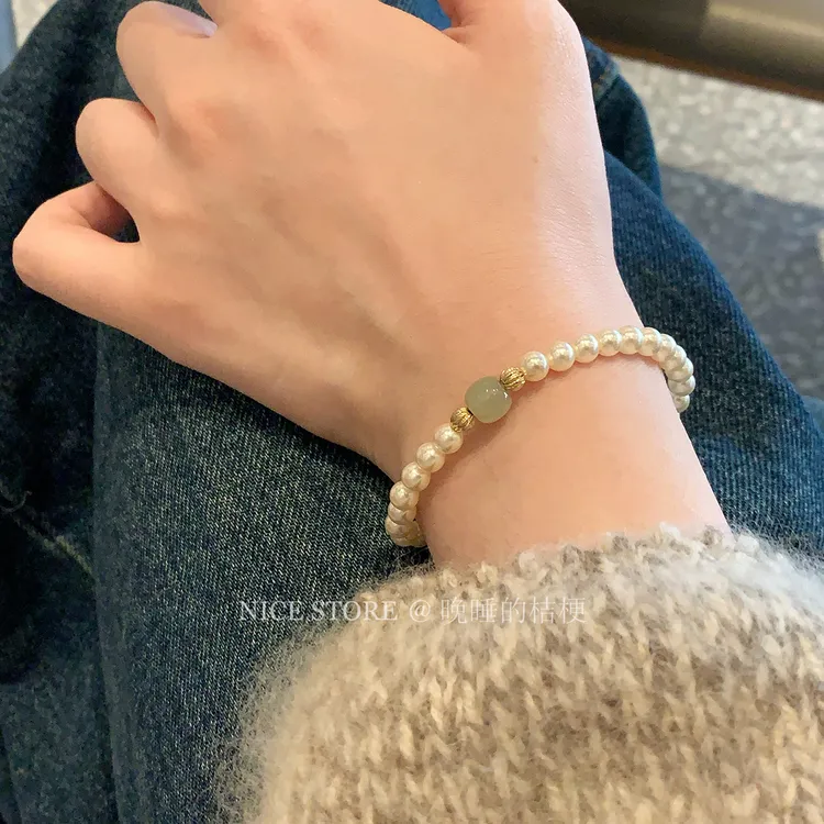 合金手链 晚睡的桔梗「佐伊」复古玉石手链正圆百搭冷淡风手饰