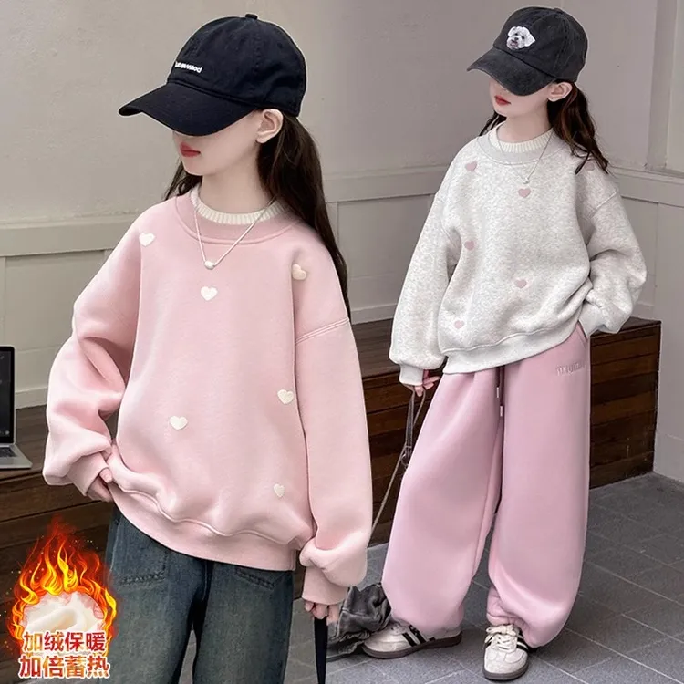 女童加绒卫衣冬季新款中大童洋气女孩加厚羊驼绒儿童打底保暖上衣