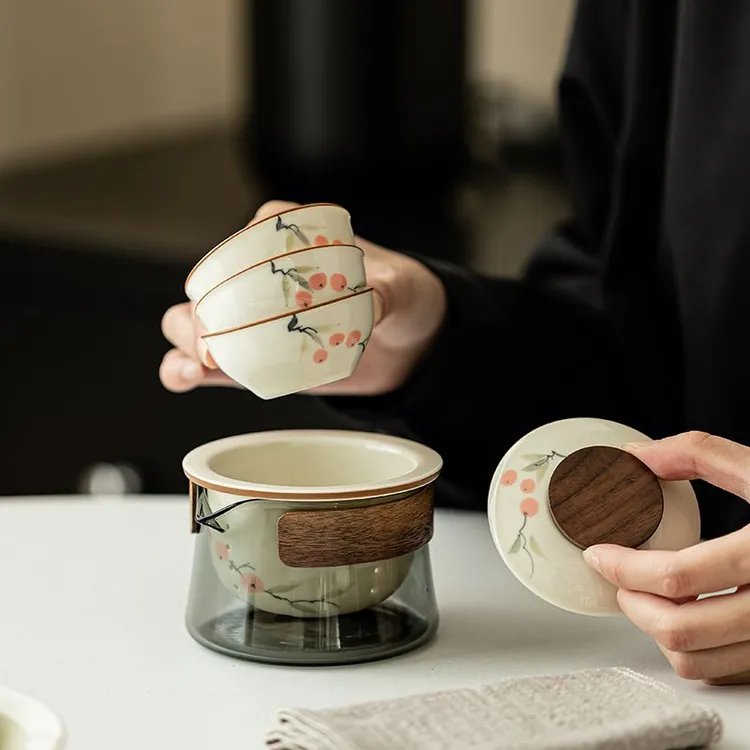 手绘柿柿如意陶瓷防烫旅行茶具套装便携式随身收纳外出泡茶必备