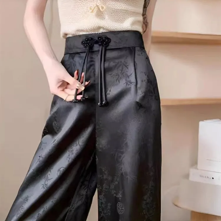 冰丝缎面休闲裤子高腰国风装裤设计感新中式提花阔腿裤女夏季薄款
