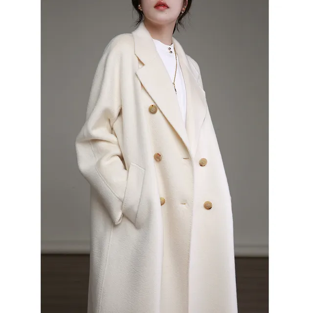 NZ口碑升级版101801山羊绒外套女廓形双排扣白色双面羊绒大衣新