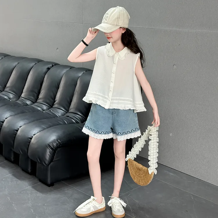 女童夏季套装2025新款洋气女孩时髦无袖衬衫牛仔花边短裤两件套潮