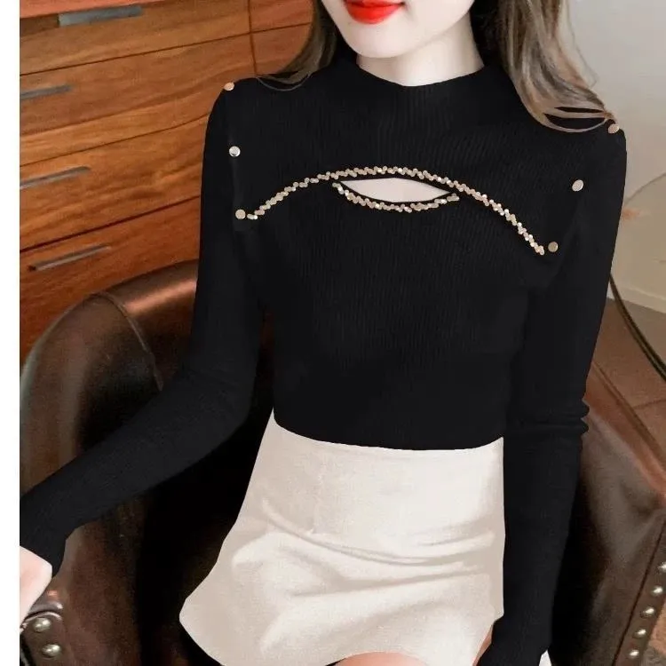 设计感镂空半高领加厚毛衣女内搭秋冬2025新款打底针织保暖上衣