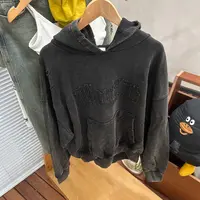 【美琪元选】炒色重工 破洞水洗牛仔连帽卫衣 情侣卫衣