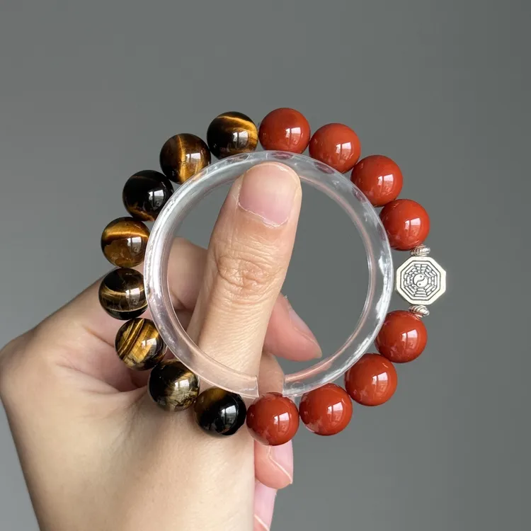 喜火土系天然南红玛瑙黄虎眼手串925银道家雨渐耳阴阳鱼加持手串