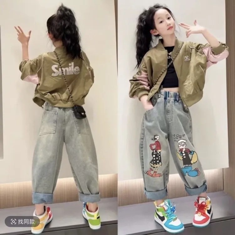 女童春秋棒球服夹克外套2025新款韩版中大童宽松时髦牛仔裤两件套
