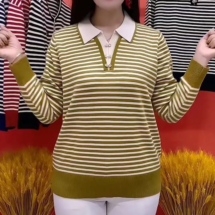 条纹常规款中老年女装翻领打底衫时尚大码韩版气质显瘦休闲百搭