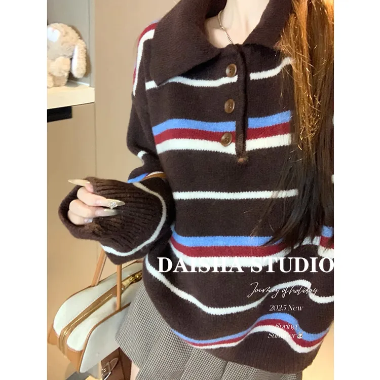 【甜栗酥】复古撞色条纹Polo领套头毛衣女秋冬外穿内搭宽松针织衫潮