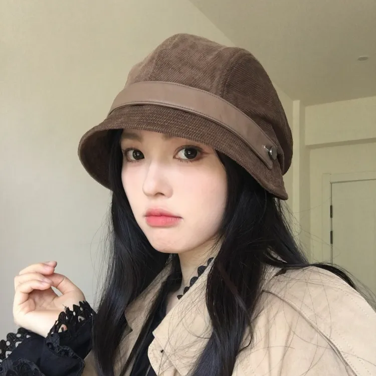 灯芯绒渔夫帽一帽多戴女秋冬季新款休闲百搭显脸小礼帽