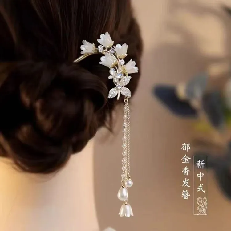 诗泊雅 超仙铃兰花U型发簪高级感古风汉服旗袍盘发衩梳中式花朵步