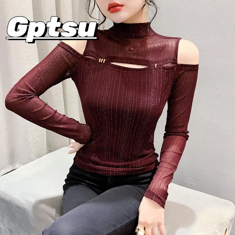 GPTSu秋季新款设计感网纱时尚露肩性感长袖修身显瘦打底小衫女装