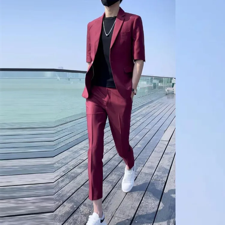 韩版修身商务休闲帅气西装男夏季痞帅七分袖西服男薄款中袖西服男