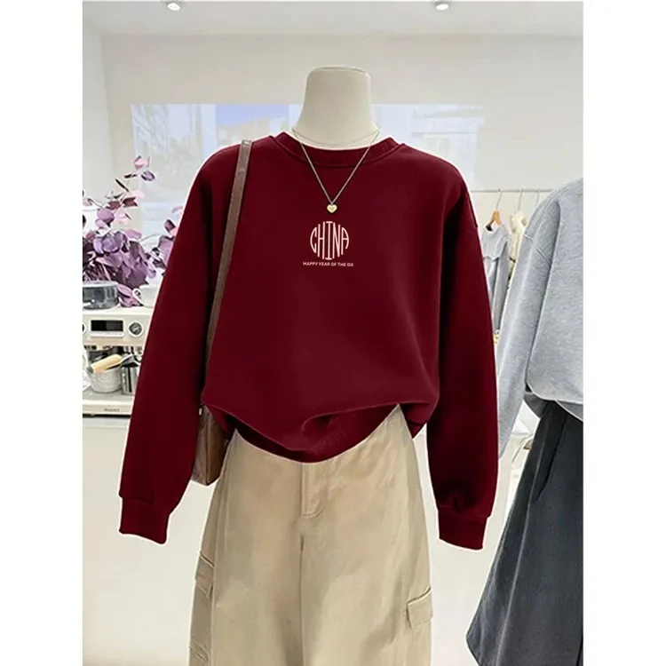 多巴胺圆领套头打底衫加绒加厚卫衣女2026春秋季新款宽松韩版外套