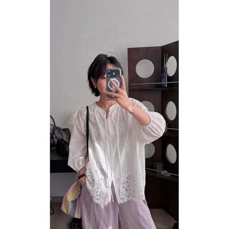 苏安家|“爱丽丝”法式慵懒风重工刺绣度假风小衫女白衬衫