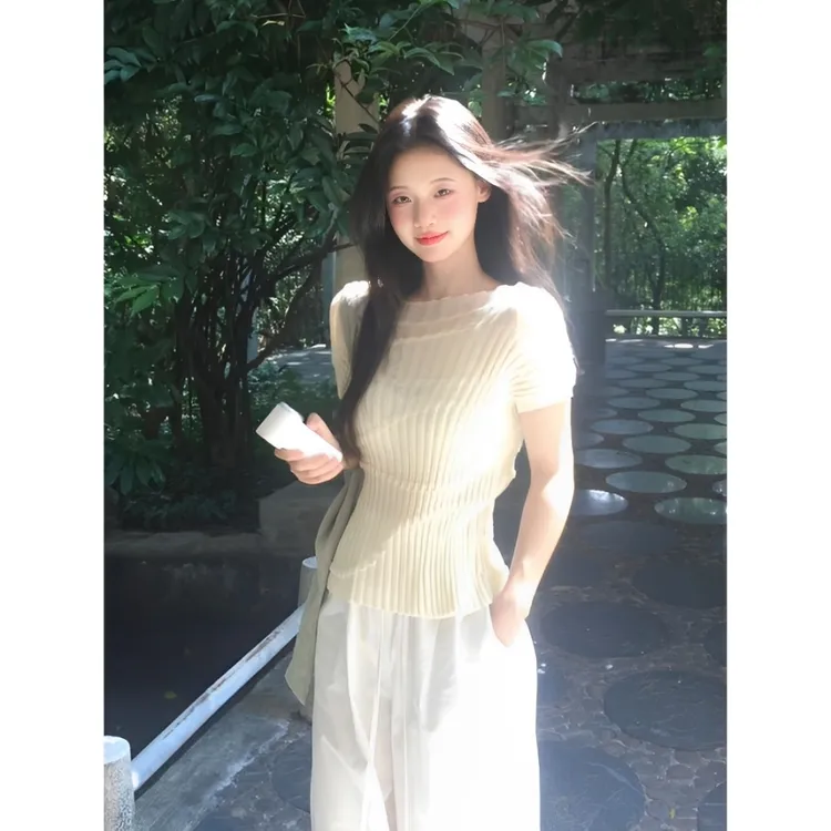 parkyeon韩系极简风微透坑条针织短袖上衣搭配时尚休闲裤两件套