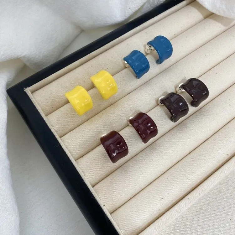 铜合金珐琅耳饰 春夏珐琅小耳圈多色小清新设计感925银针C形简约