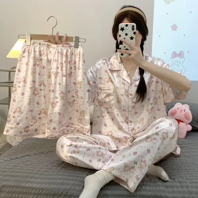 【卡通轻松熊】睡衣女款爆款2025新款冰丝女性感网红大码夏天家居服