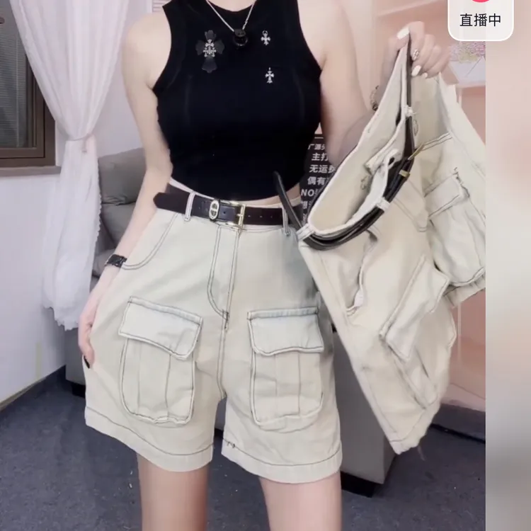 外穿裤子褶皱工装短裤直筒裤显瘦薄款高腰女装秋季