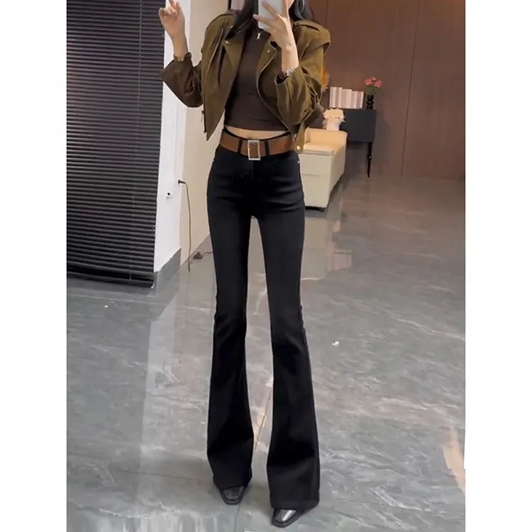 黑色加绒微喇叭牛仔裤女秋冬2025新款气质高腰显瘦弹力修身马蹄裤