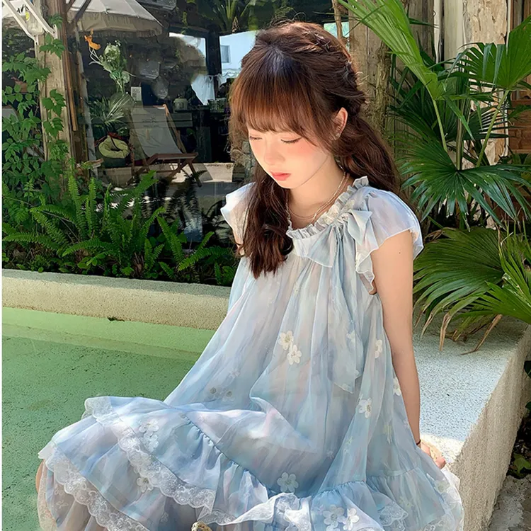 仲夏花语 sinsingirl蓝色波浪绣花短袖连衣裙夏季萌妹甜美度假风