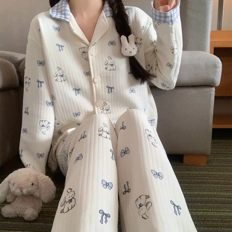 睡衣女秋冬季夹层2025新款长袖大码保暖蓝结兔子套装家居服