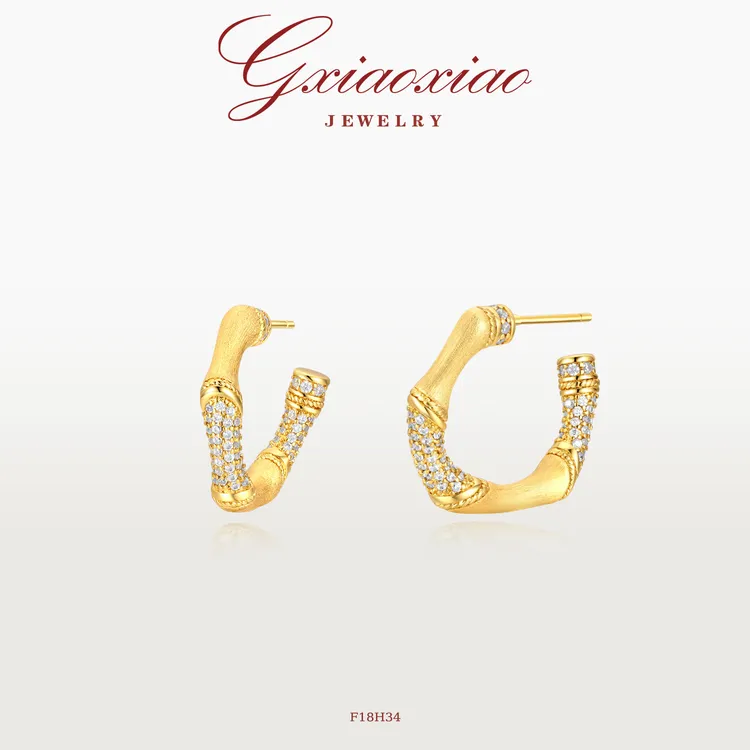 G XIAOXIAO 合成锆石【金竹星梦系列】气质复古拉丝竹节耳环 F18H34