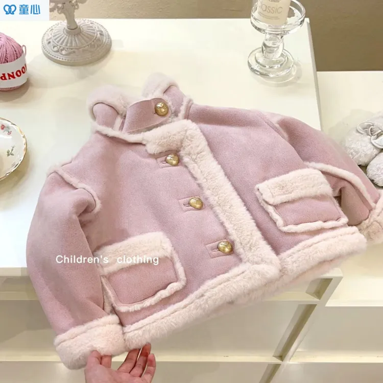女童皮毛一体外套2025新款加绒加厚公主上衣洋气宝宝冬季小童装