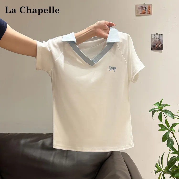 拉夏贝尔刺绣撞色Polo领蝴蝶结短袖T恤夏季新款修身显瘦正肩上衣