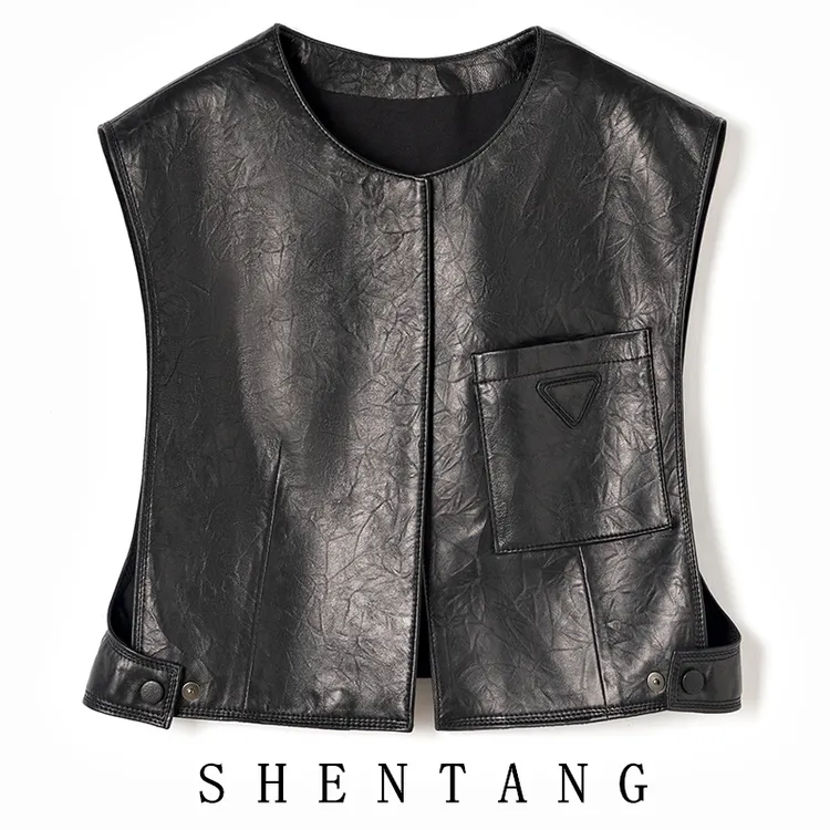 K5真皮马甲女士绵羊皮秋冬新款真皮背心外搭圆领宽松网红重工坎肩