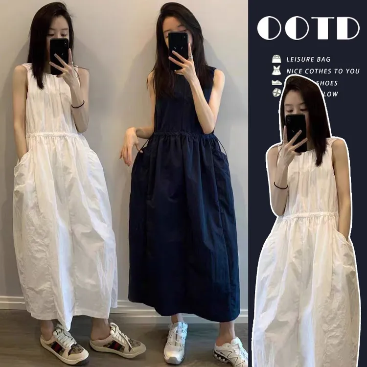 2025孕妇连衣裙纯色无袖裙气质夏季新款独特抽绳收腰背心长裙子