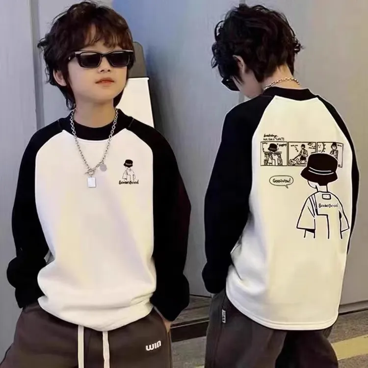 儿童拼色棉T恤长袖春秋季新款中大童卡通上衣插肩男童洋气打底衫