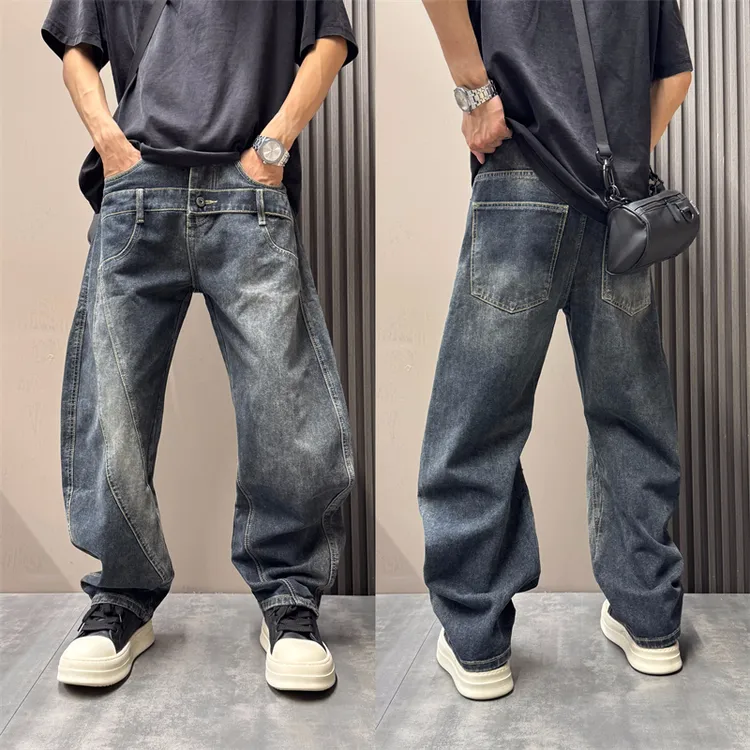 复古水洗宽松直筒牛仔裤男士秋冬加绒潮流拼接设计感弯刀高街裤子