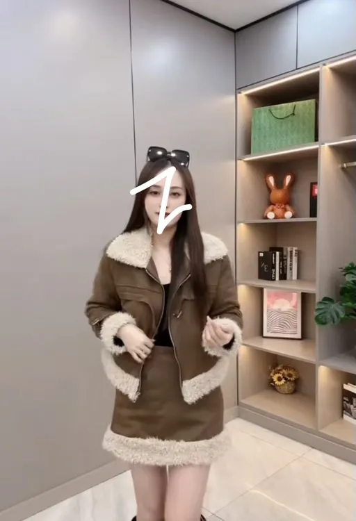 2025秋冬胖mm洋气加厚休闲毛毛拼接韩范显瘦气质外套+短裙1775