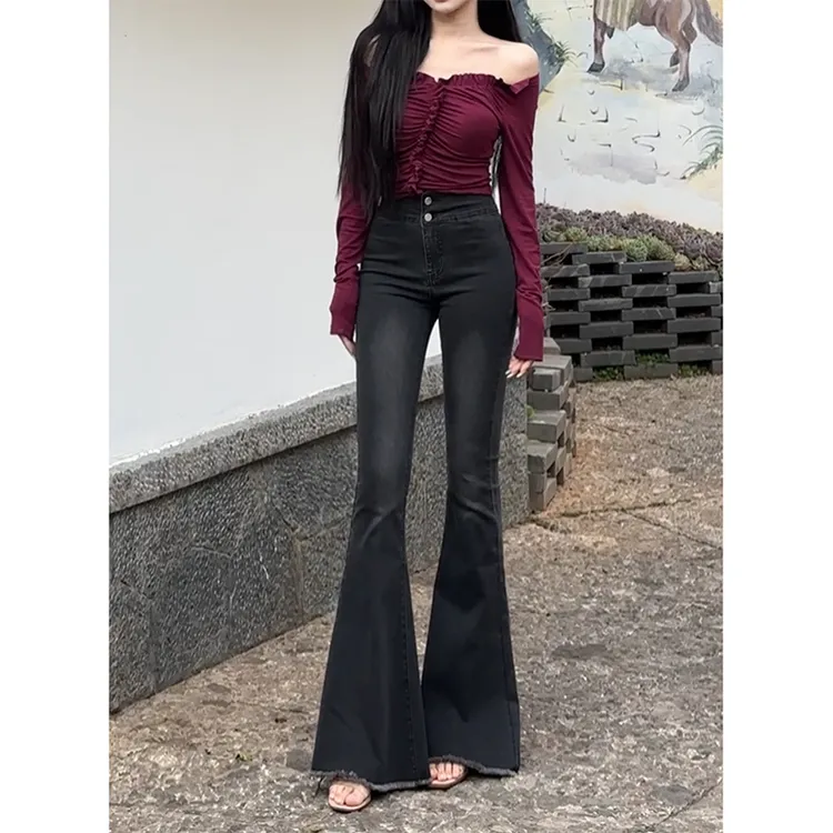 高腰毛边微喇牛仔裤女2025秋季新款修身显瘦显高弹力鱼尾喇叭裤