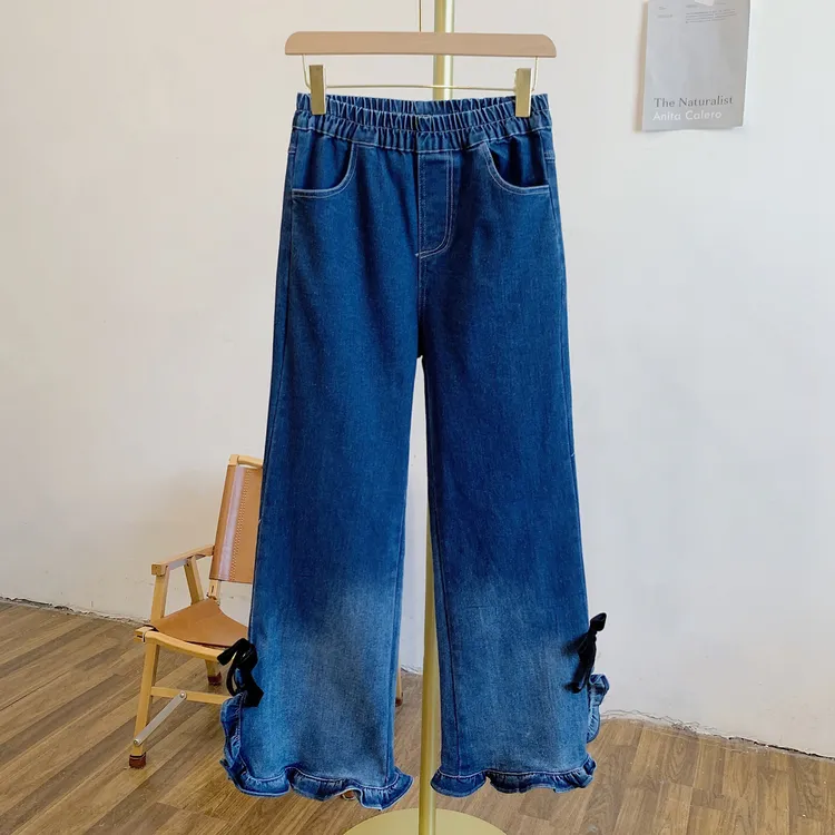 渐变牛Y3148渐变色蝴蝶结荷叶边侧开叉松紧腰牛仔阔腿裤