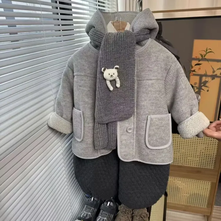 儿童加绒加厚款连帽常规款冬款呢大衣极简风纯色圆领外套