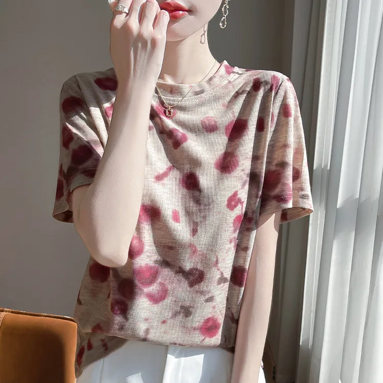 【莱赛尔】复古水墨扎染印花显瘦圆领短袖T恤-A79