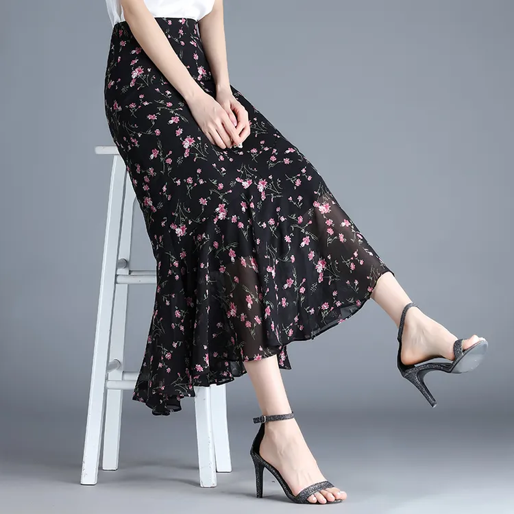 雪纺碎花裙鱼尾裙女夏季2024年新款高腰显瘦包臀半身裙长裙a字裙