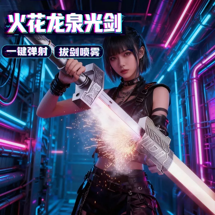 炫酷喷雾火花弹射激光剑七彩流光渐变黑科技星际战刃光剑男孩礼物