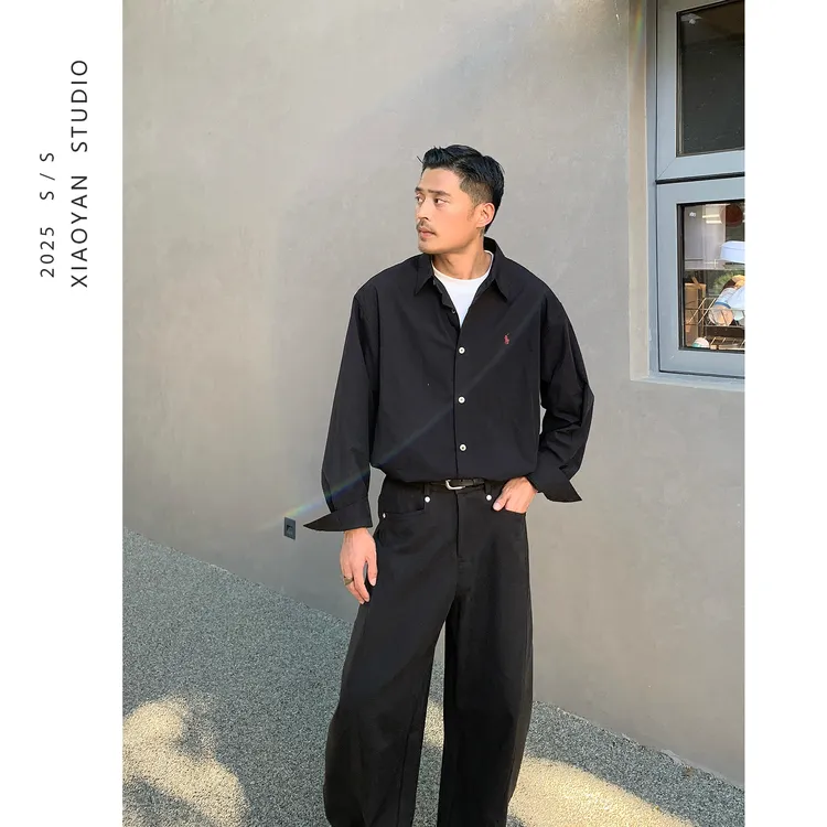 颜先生2025秋冬设计师同款刺绣天丝衬衫男士痞帅ins百搭打底外穿