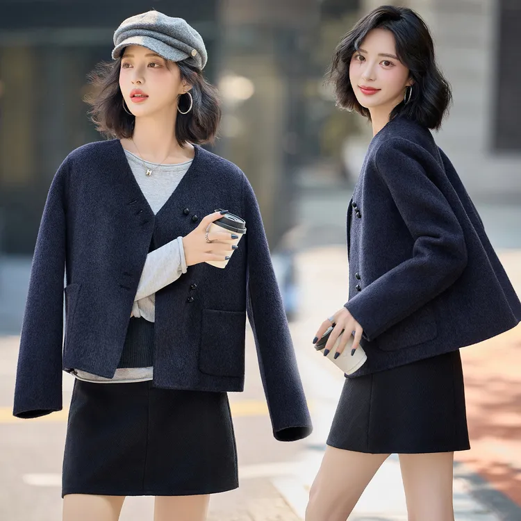 2025新款韩版小香风V领双面绵羊毛大衣女短款小个子羊毛呢外套冬