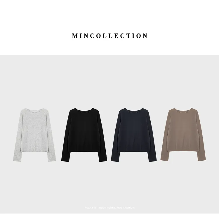 DE Mincollection蚕丝羊绒长袖/80支双股精纺纱卷边圆领针织衫
