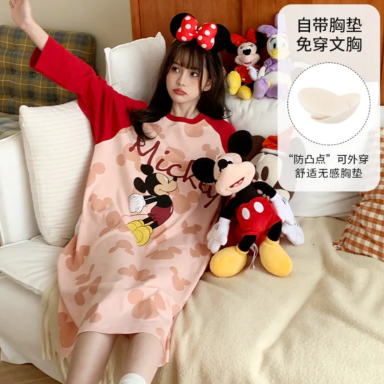  Disney/迪士尼春秋新款套头长袖带胸垫睡衣女宽松休闲家居服0158