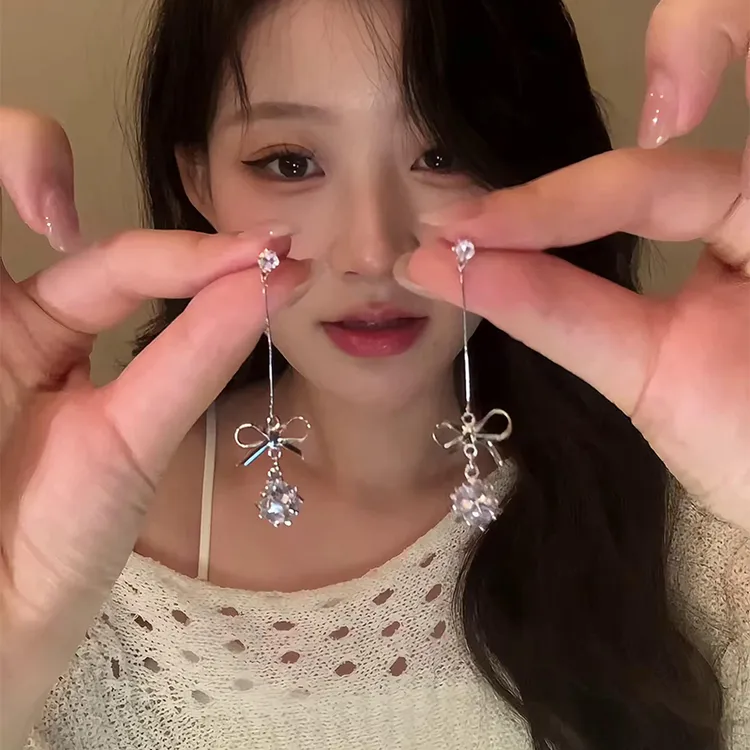 铜合金锆石耳饰 蝴蝶结流苏耳饰锆石百搭优雅耳环新款耳饰超仙