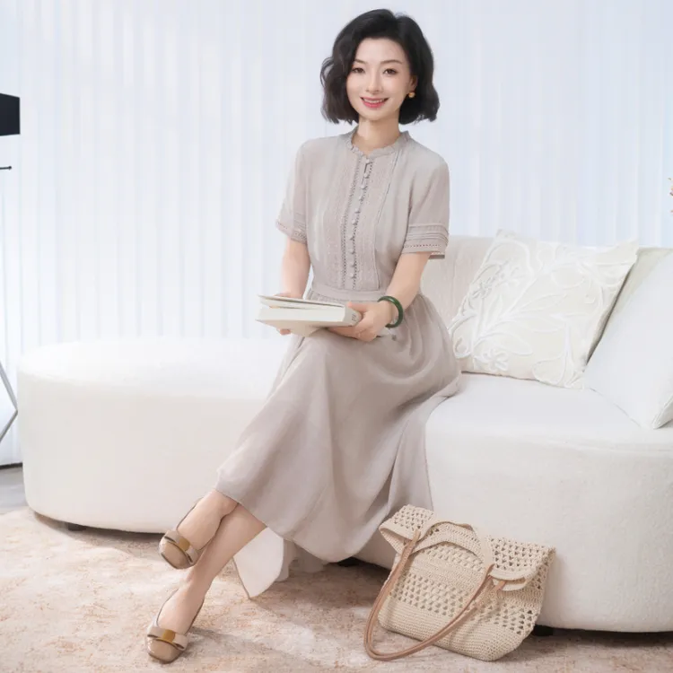 西子/【山楂树之恋】桑蚕丝双绉重工蕾丝对丝工艺连衣裙女/CQYF0859