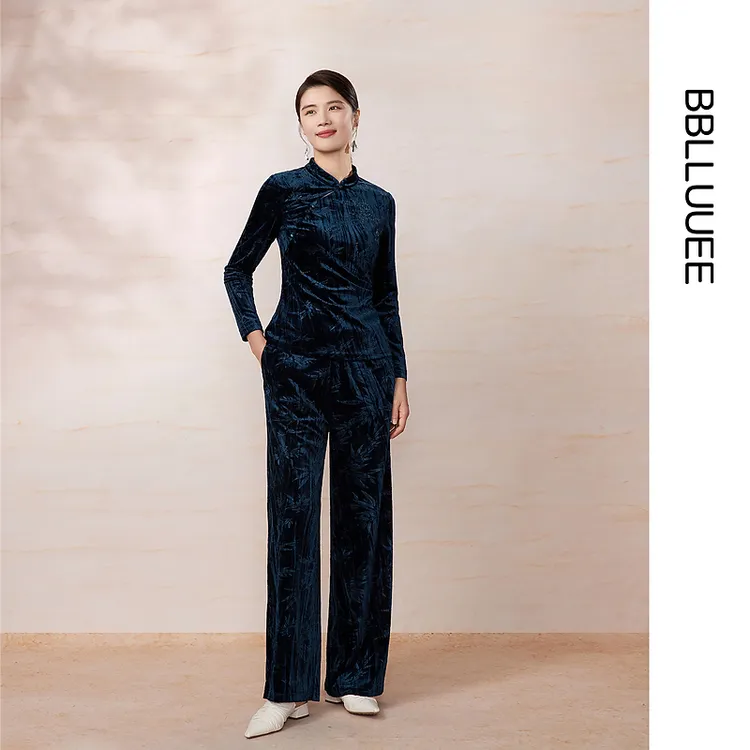 【燕子专属】【新中式丝绒套装】 BBLLUUEE/粉蓝衣橱2025春装竹影提花