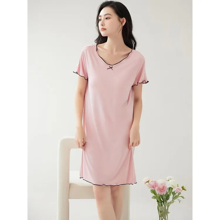 莫代尔带胸垫睡裙女夏季薄款短袖宽松大码孕妇可外穿家居服连衣裙