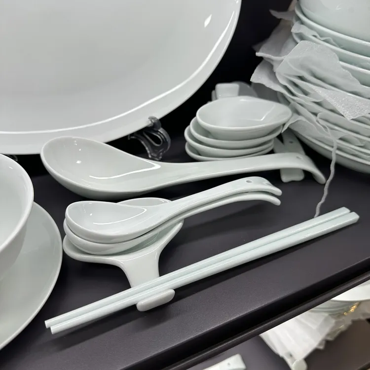 景德镇高温瓷筷子陶瓷勺子青釉款十双