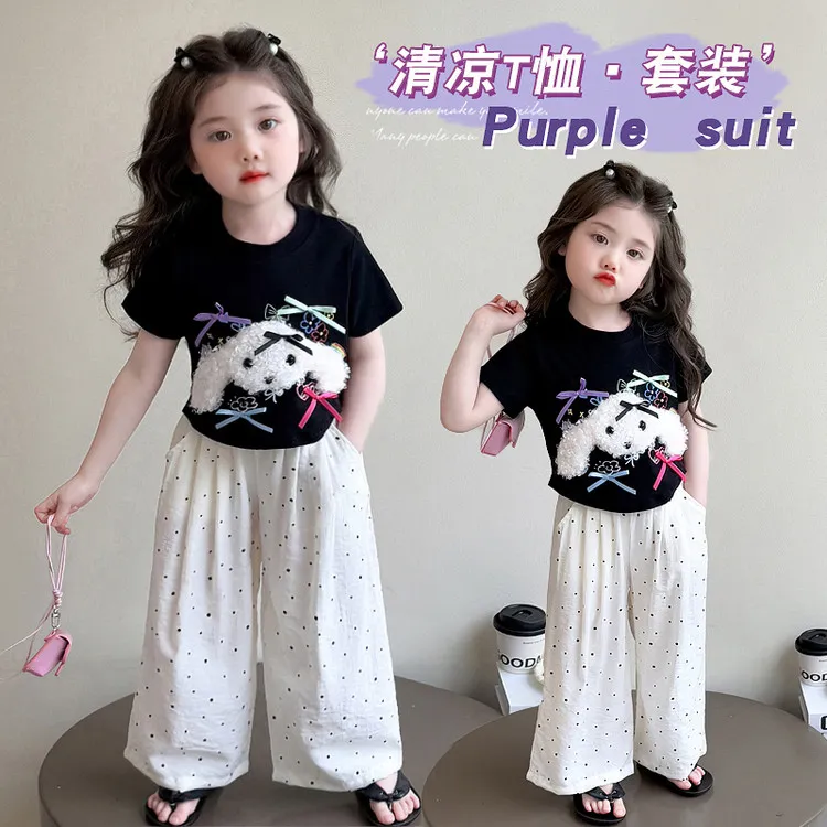 套装休闲夏季卡通动漫女童中小童儿童洋气时尚阔腿薄款女孩宽松