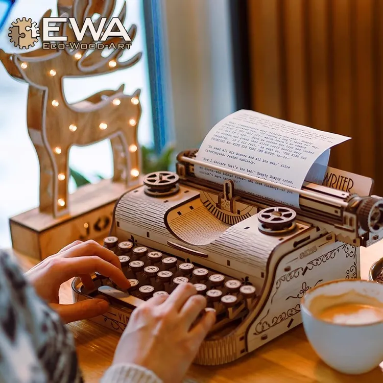 EWA复古打字机手工木质积木拼装模型成人益智拼图玩具男女孩礼物